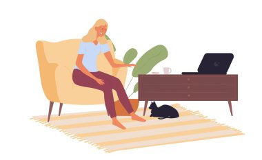 Kadınlar yemek yer. Genç kız siyah köpekle kanepede oturur ve bulaşıklara uzanır. İşten sonra ya da okuldan sonra rahatla. Evdeki rahatlık ve rahatlık. Sosyal medya etiketi. Çizgi film düz vektör çizimi