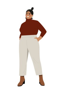 Büyük tombul vücutlu biri. Şık pantolonlu ve bluzlu gülümseyen Asyalı kız. Şişman ve seksi vücutlu bir kadın karakter. Çizgi film düz vektör çizimi beyaz arkaplanda izole edildi