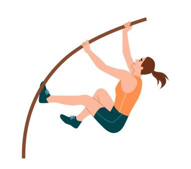 Kadın sırıkla atlama. Olimpiyat Oyunları veya Dünya Kupası 'nda performans sergileyen karakter, yarışmalarda aktif genç kız rekorları kırıyor. Hobi, aktivite ve boş zaman. Atletizm. Çizgi film düz vektör çizimi