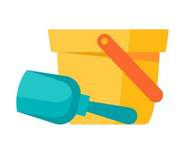 Bebek oyuncağı ikonu. Açık havada oynamak için sarı kova ve mavi kürek yapıştırılmış. Renkli kum havuzu ekipmanları. Paketleme tasarımı için element. Çizgi film düz vektör çizimi beyaz arkaplanda izole edildi