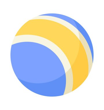 Bebek oyuncağı ikonu. Açık hava aktiviteleri ve çocuklar oynasın diye lastik toplu çıkartma. Sosyal ağlar ve web siteleri için tasarım ögesi. Çizgi film düz vektör çizimi beyaz arkaplanda izole edildi