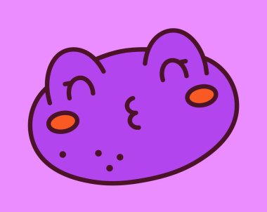 Tuhaf retro sembolü. Mor kurbağa kafalı, modası geçmiş, modası geçmiş bir çıkartma. Psikedelik şablon için tasarım elemanı. Mor arkaplanda izole edilmiş çizgi film düz vektör çizimi