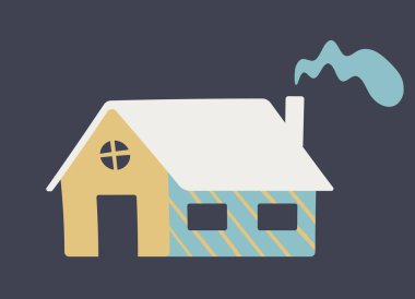 Beyaz Ev ikonu. Kış mevsiminde ev, yeni yılın ve Noel 'in sembolü. Web sitesi için kumaş, poster ya da afiş basmak için grafiksel öge. El yapımı kağıt oyuncaklar. Çizgi film düz vektör çizimi