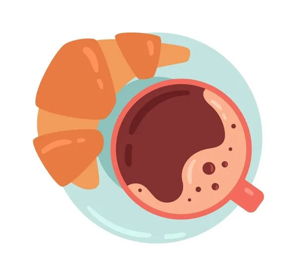 コーヒーや紅茶をカップに入れる クロワッサンとホットドリンク デザートと珍味 グルメ 伝統的な朝 朝食と昼食 ソーシャルネットワークやメッセンジャーのステッカー 漫画フラットベクトルイラスト — ストックベクタ