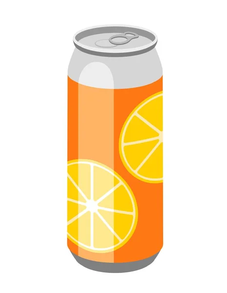 オレンジソーダアイコン オレンジアルミニウム缶に2枚の柑橘類が塗られている ウェブサイト ポスターやバナーのグラフィック要素 夏の季節と暑い天候の象徴 漫画フラットベクトルイラスト — ストックベクタ