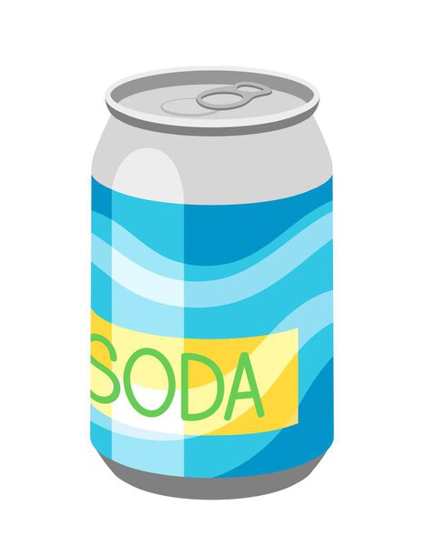 Cold drink icon. Aluminum or tin can with abstract blue patterns and lettering. Sticker for social networks and messengers. Hot weather and summer season sign. Cartoon flat vector illustration