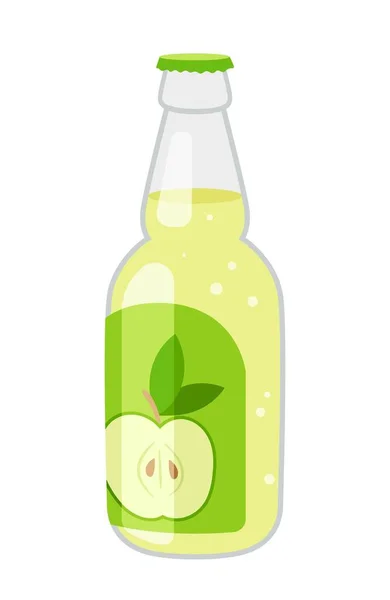 Icône Jus Pomme Froid Bouteille Verre Avec Étiquette Verte Sur — Image vectorielle