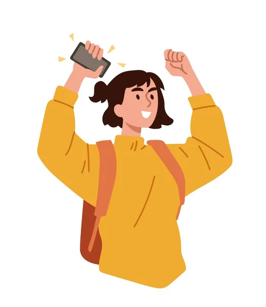 勝利を祝う女 若い女の子はスマートフォンから手を上げます 幸福と喜び ウェブサイト用の広告ポスターやバナー 宝くじの当選者 漫画フラットベクトルイラスト — ストックベクタ