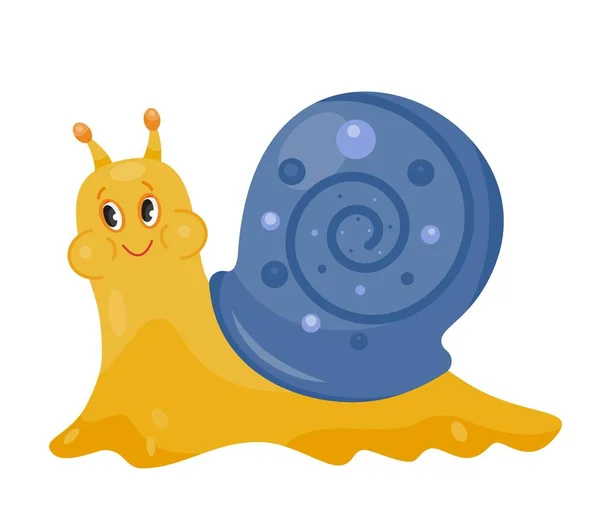 可爱蜗牛的性格 迷人和迷人的昆虫的象征 身体上有蓝色的房子 生物学和自然 网站的图形元素 儿童的标签 卡通平面矢量插图 — 图库矢量图片