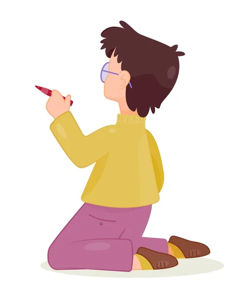 壁に絵を描くかわいい少年 眼鏡をかけた若い男が紫色の鉛筆やマーカーで膝の上に座っている 学習と訓練 創造性と芸術 漫画フラットベクトルイラスト — ストックベクタ