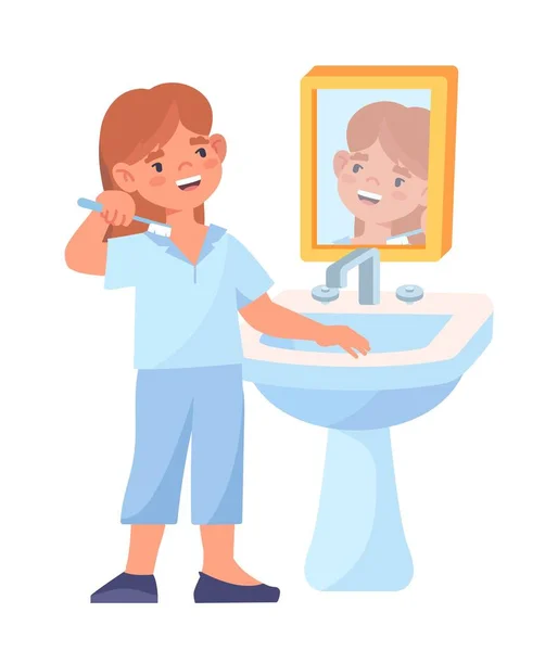 stock vector Kid girl cleaning teeth. Character caring for oral cavity stands with toothbrush and paste in front of mirror. Hygiene and health care. Poster or banner for website. Cartoon flat vector illustration