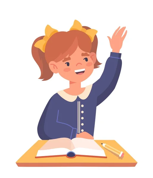 女子高生が手を挙げて 登場人物は レッスンで勤勉な女の子に答えたい 本を持って教室に座っているスマート学生 漫画フラットベクトルイラスト — ストックベクタ