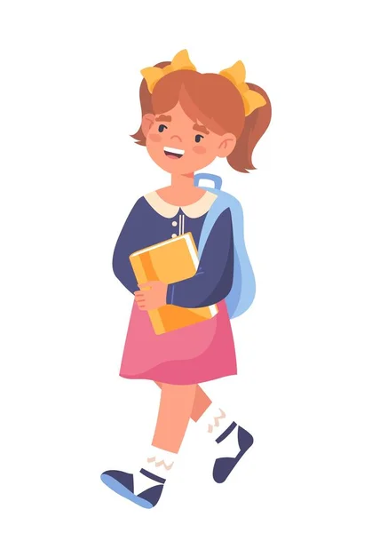 Een Meisje Dat Naar School Gaat Schoolmeisje Met Boek Handen — Stockvector