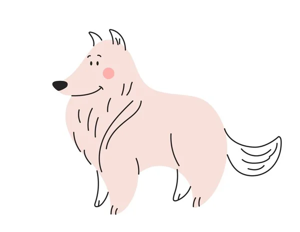 ピンクのかわいい犬 ふわふわの子犬の立って 陽気なキャラクター 動物への愛とペットへのケア ウェブサイトのグラフィック要素 獣医学クリニックのロゴタイプ 漫画フラットベクトルイラスト — ストックベクタ