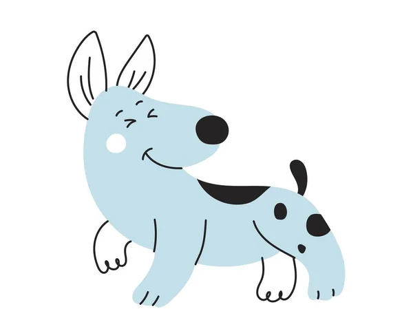 青いかわいい犬 大きな耳の散歩や笑顔で幸せな子犬 遊び心のあるキャラクター アクティブなペット ウェブサイトのグラフィック要素 ソーシャルネットワークのステッカー 漫画フラットベクトルイラスト — ストックベクタ