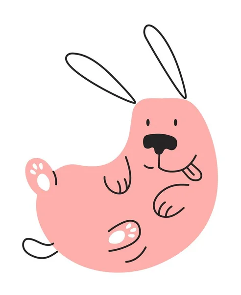 粉色可爱的涂鸦狗 迷人有趣的小狗躺在它的背上 社交网络和信使的贴纸 用于在织物上印刷的最小图形元素 卡通平面矢量插图 — 图库矢量图片