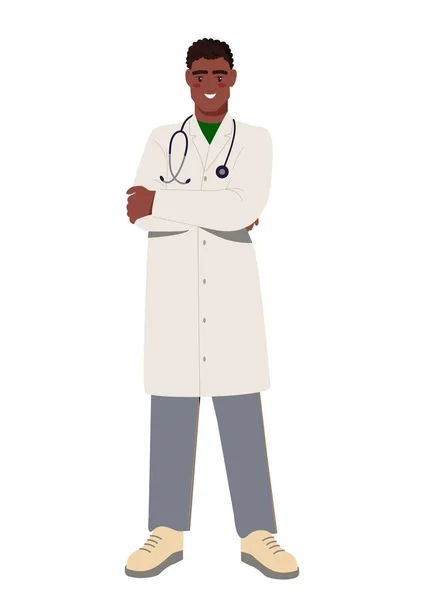 แนวค ดของหมอชาย ชายหน นอย ในเส อโค ททางการแพทย ขาว องสเตโตสโกปอย บนไหล — ภาพเวกเตอร์สต็อก