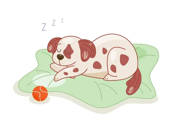 かわいい犬が寝てる 茶色の斑点のある白い子犬はボールと枕の上にあります ペットゲームやアクティビティに疲れている 休息と夢 動物用の快適なベッド 漫画フラットベクトルイラスト — ストックベクタ