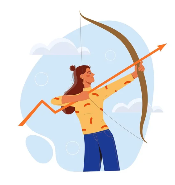 景気回復の概念 若い女の子は弓から上向きに矢を撃つ リーダーシップと動機 才能ある起業家やビジネスマン 投資家 受動的収入 漫画フラットベクトルイラスト — ストックベクタ