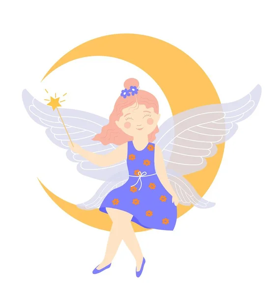 Fairy Sitting Moon Little Girl Blue Dress Magic Wand Dreams — Stock Vector