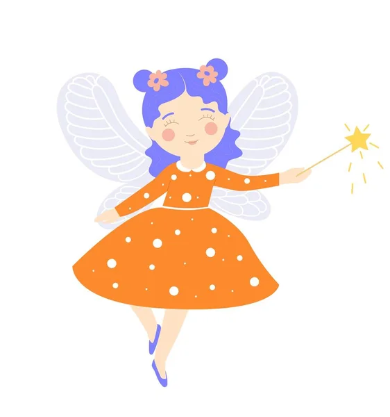 Fairy Magic Wand Little Kid Girl Red Dress Wings Magic — Stock Vector