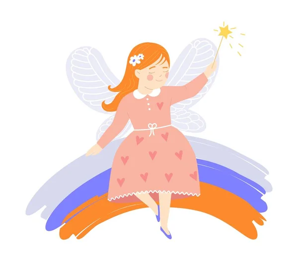 Fairy Magic Wand Little Girl Pink Dress Wings Rainbow Graphic — Stock Vector
