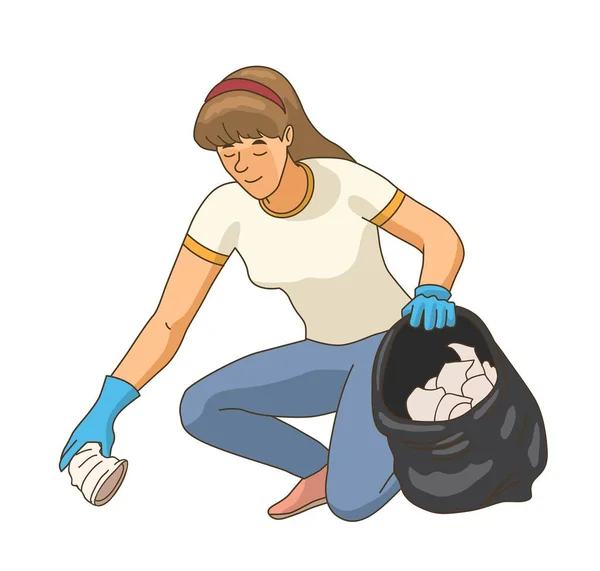 女性はゴミを袋に入れて集める 若い女の子は錫とアルミ缶を収集します ストロークからリサイクルし 廃棄物の排出を減らす 自然や生態系への配慮 漫画フラットベクトルイラスト — ストックベクタ