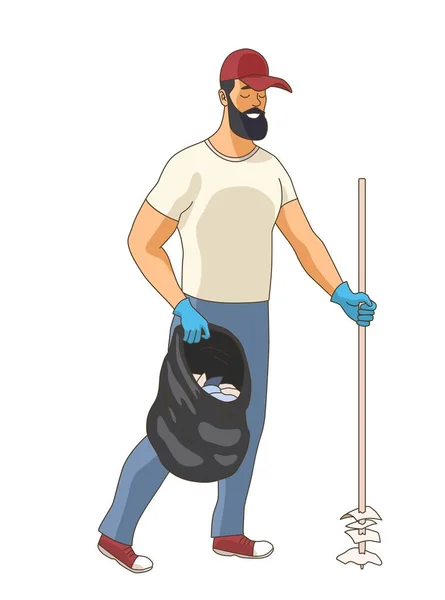 Man Mengambil Sampah Pria Berjenggot Dengan Garpu Dan Tas Hitam - Stok Vektor