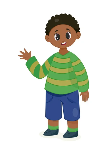 幸せなアフリカ系アメリカ人の少年 黄色のストライプの波の手でデニムショートパンツや緑のセーターで魅力的な文字は十分に手 ソーシャルネットワークやメッセンジャーのステッカー 漫画フラットベクトルイラスト — ストックベクタ