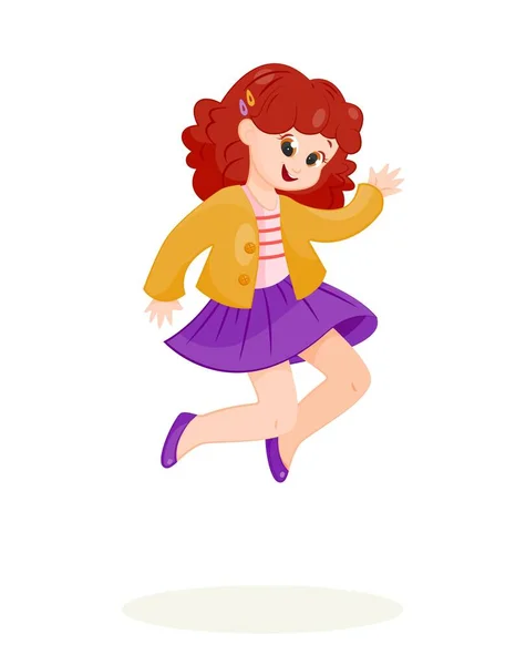 Щаслива Дівчина Стрибає Школярка Жовтій Куртці Фіолетовій Спідниці Посміхається Чарівний — стоковий вектор