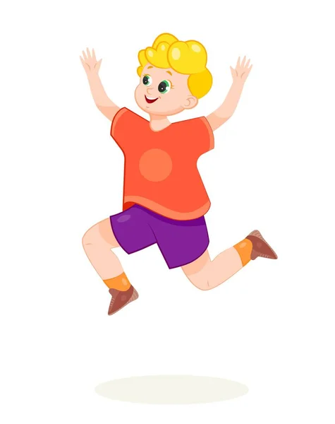 Rapaz Feliz Saltar Adolescente Encantador Adorável Shorts Azuis Camiseta Vermelha —  Vetores de Stock