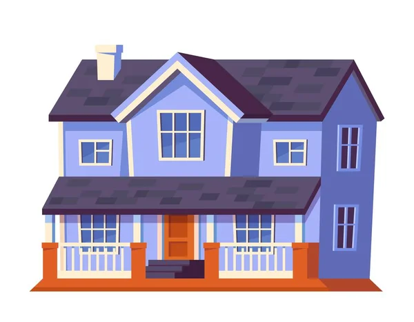 房子或农舍 带有蓝色立面和阳台的大型城市房屋或公寓的贴纸或图标 房地产或供出租的财产 在白色背景上孤立的卡通平面矢量图解 — 图库矢量图片