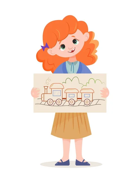 女の子は絵を描く 鉛筆で描かれた電車で立つ魅力的なキャラクター 創造性と芸術 訓練と教育 ソーシャルネットワークやメッセンジャーのステッカー 漫画フラットベクトルイラスト — ストックベクタ