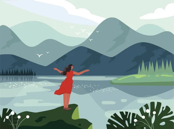 stock vector Beautiful mountain landscape. Spring panorama with high cliffs, lake and forest trees. Girl admires surrounding nature. Wild Valley. Design element for banner. Cartoon flat vector illustration