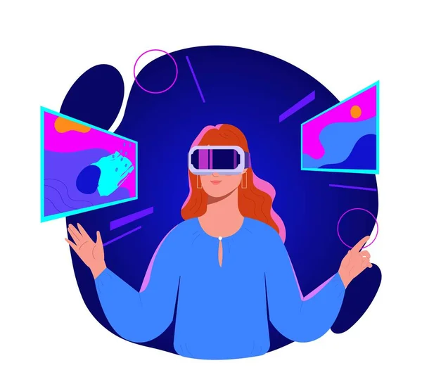 stock vector Woman in metaverse. Young girl in vr glasses looks at computer monitors, augmented and virtual reality. Innovations, gadgets and devices, modern technologies. Cartoon flat vector illustration