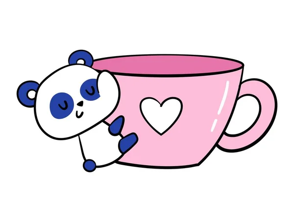 可爱的小熊猫有趣的熊拥抱粉红的杯子或杯子与美味的热饮 茶或咖啡 设计信使和聊天的元素 在白色背景上孤立的卡通平面矢量图解 — 图库矢量图片