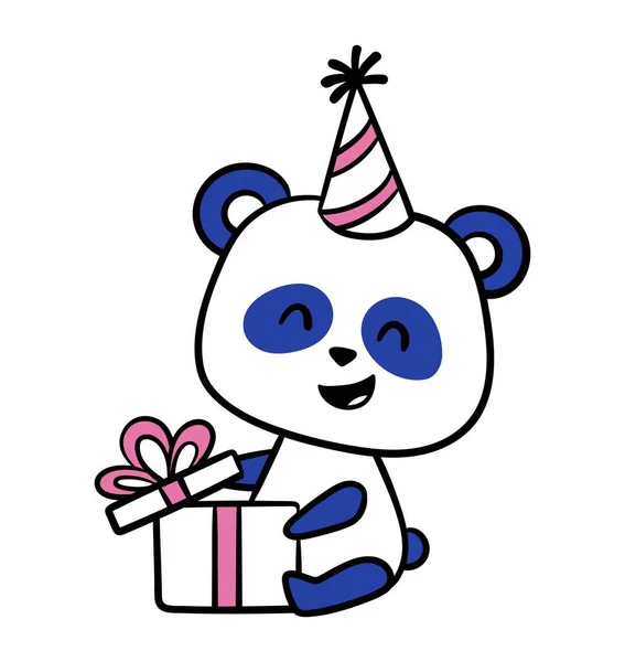 かわいいパンダ ハッピーベアマスコットは誕生日プレゼントを開き 喜びます お祝いや贈り物 メッセンジャーやチャットのためのデザイン要素 白い背景に孤立した漫画のフラットベクトルイラスト — ストックベクタ