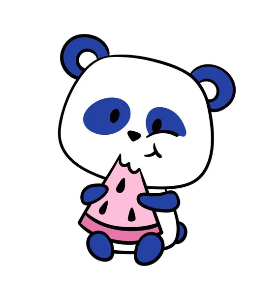 可爱的小熊猫有趣的熊吉祥物吃一块甜西瓜或新鲜水果 贴纸或徽章的设计元素 在白色背景上孤立的卡通平面矢量图解 — 图库矢量图片