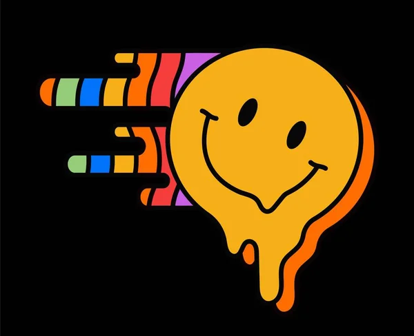 Psychedelic Retro Sticker Groovy Acid Poster Flowing Yellow Smiley Emoji — Stock Vector
