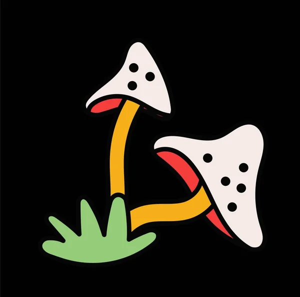 サイケデリックなレトロなステッカー 緑の草と毒キノコと幻覚性の森のポスター ソーシャルネットワークの設計要素 黒の背景に隔離された漫画のフラットベクトルイラスト — ストックベクタ