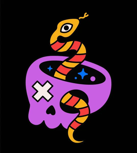 Pegatina Retro Psicodélica Icono Ácido Maravilloso Con Cráneo Púrpura Serpiente — Vector de stock