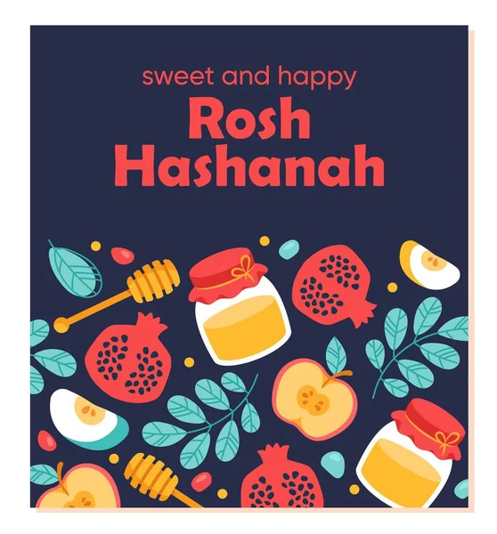Mutlu Rosh Hashanah Doğal Organik Ürünler Bal Nar Elma Gelenekler — Stok Vektör