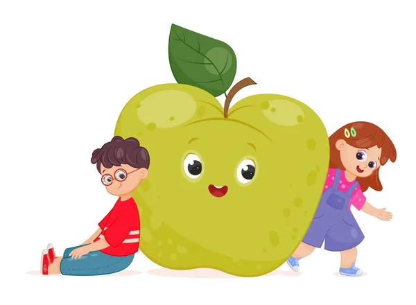 Garçon Fille Avec Pomme Fruits Frais Naturels Vitamines Éléments Utiles — Image vectorielle