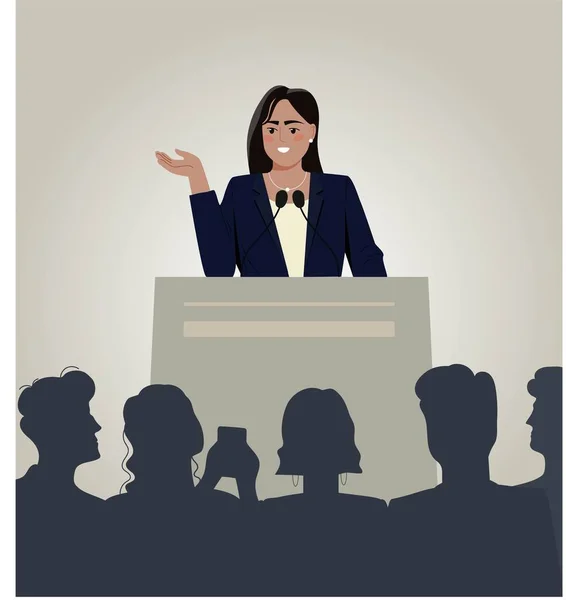 Female Speaker Concept Young Girl Stands Microphones Front Crowd Public — Stock Vector