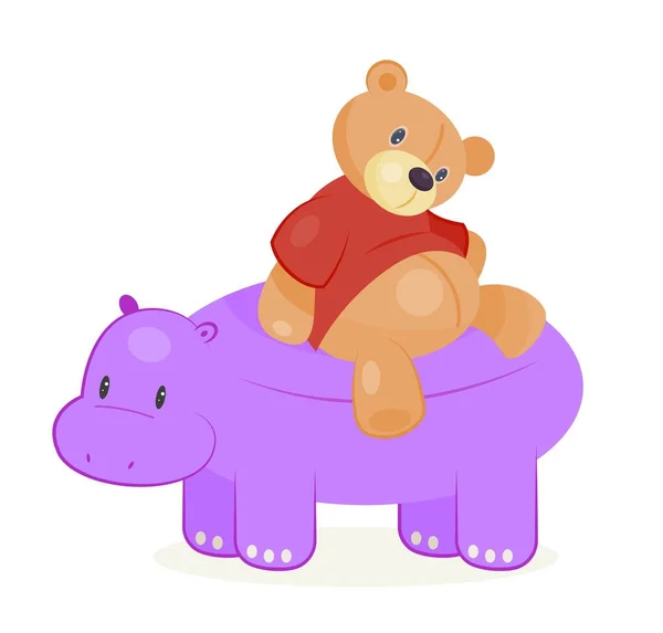 Παιχνίδι Για Παιδί Αφίσα Ιπποπόταμο Και Χαριτωμένο Αρκουδάκι Για Παιχνίδι — Διανυσματικό Αρχείο