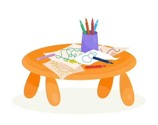 Jouet Pour Enfant Affiche Avec Table Bois Papier Blanc Crayons — Image vectorielle