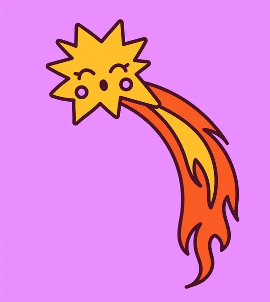 トリッピーレトロシンボル 明るい笑顔の星や火災で彗星を飛んでグロヴィヴィンテージステッカー サイケデリックなパターンのデザイン要素 紫色の背景に隔離された漫画のフラットベクトルイラスト — ストックベクタ