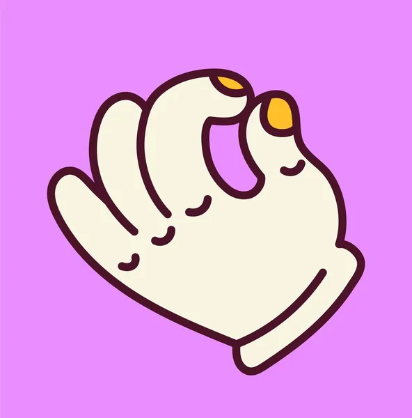 トリッピーレトロシンボル 白い手やOkジェスチャーで手のひらでサイケデリック溝ステッカー 表紙やポスターのデザイン要素 紫色の背景に隔離された漫画のフラットベクトルイラスト — ストックベクタ