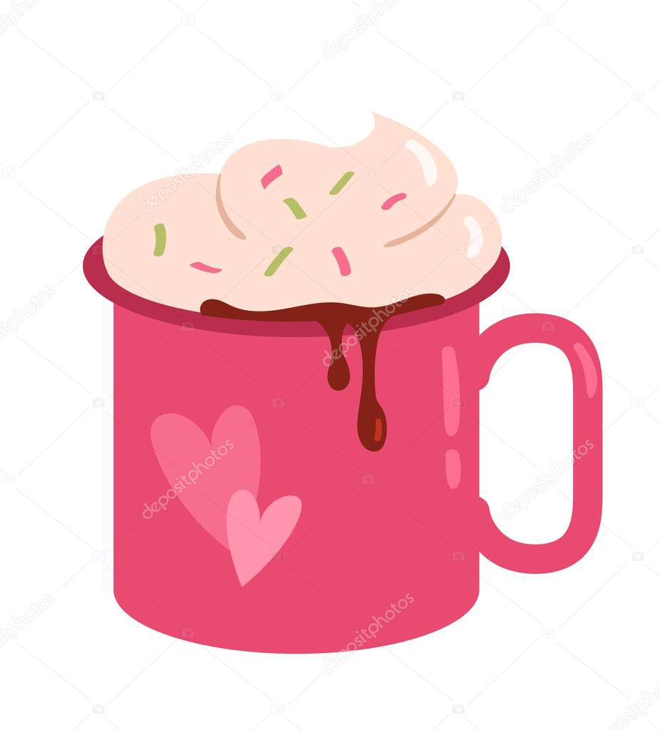 Coffee or tea in cup. Sweets in pink mug with hearts. Dessert and delicacy, gourmet. Cream and milk cream. Milkshake, cafe or restaurant menu. Beverage and aroma. Cartoon flat vector illustration
