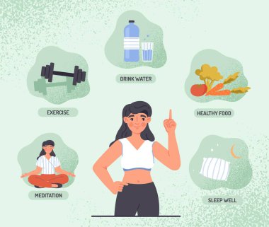 Bağışıklık sistemini güçlendir. Genç kız parmaklarını bırakır ve sağlığıyla ilgilenmenin yollarını takdir eder. Aktif yaşam tarzı ve spor, fitness ve dengeli diyet. Çizgi film düz vektör çizimi